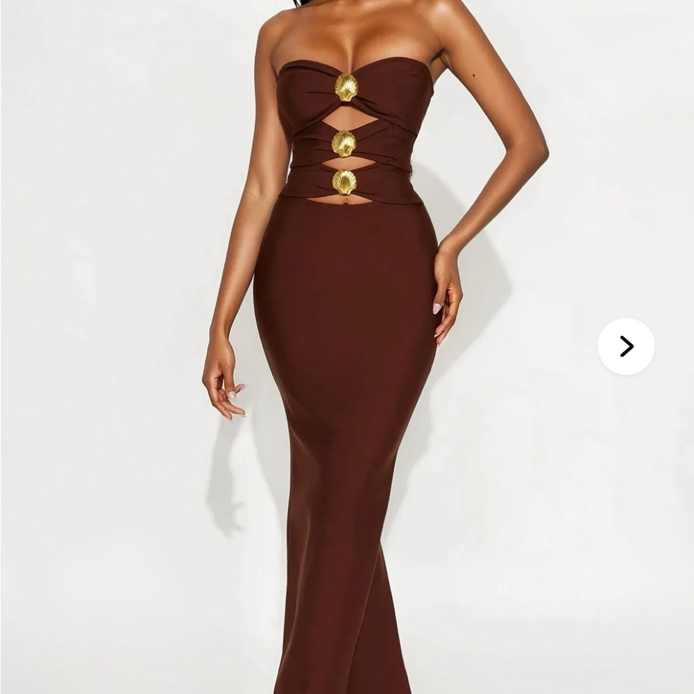 Fashion Nova Strapless Brown Dress with Gold Details